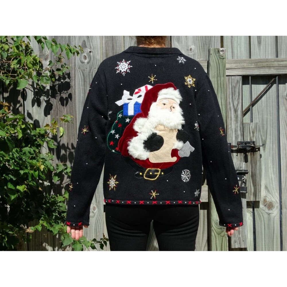 Vtg Design Originals Fuzzy Santa Christmas Cardigan "Ugly" Holiday Sweater